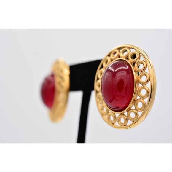 Givenchy Vintage Cabochon Earrings Red Oval Gold Chunky Signed Retro 1980s BinAZ - Picture 3 of 12